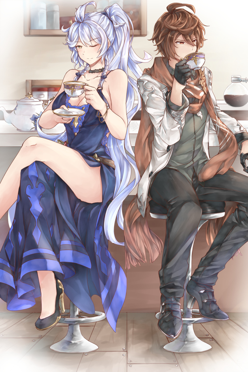 1boy 1girl absurdres ahoge arms_up bar_stool belt black_footwear black_gloves black_pants black_shirt blue_dress bracelet breasts brown_cape brown_hair brown_scarf cape choker cleavage coat coffee_pot commentary counter cup dress drinking english_commentary eyebrows_visible_through_hair gloves granblue_fantasy hair_between_eyes half_gloves head_tilt high_heels highres holding holding_cup holding_saucer indoors jewelry large_breasts legs_crossed light_smile limitless_skye long_hair long_ponytail looking_at_viewer looking_away one_eye_closed open_clothes open_coat pants ponytail red_eyes sandalphon_(granblue_fantasy) saucer scarf shelf shirt short_hair side_slit silva_(granblue_fantasy) silver_hair sitting sleeveless sleeveless_dress stool teacup teapot untucked_shirt very_long_hair white_coat wooden_floor yellow_eyes