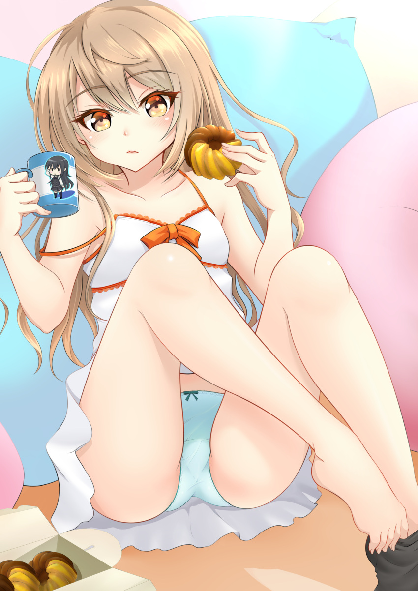 1girl absurdres alternate_hairstyle asashio_(kantai_collection) blue_panties box breasts collarbone cup cushion doughnut dress eating eyebrows_visible_through_hair food full_body hair_between_eyes hair_down highres holding indoors kantai_collection legwear_removed light_brown_hair lips long_hair looking_at_viewer makura_(user_jpmm5733) michishio_(kantai_collection) mug panties pink_background sitting small_breasts smile solo sundress underwear white_dress yellow_eyes