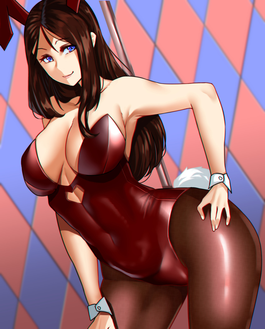 1girl absurdres animal_ears argyle argyle_background bangs bare_shoulders blue_eyes breasts brown_hair brown_legwear bunny_tail cleavage closed_mouth covered_navel fate/grand_order fate_(series) forehead hair_between_eyes hand_on_hip highleg highleg_leotard highres hip_focus kisaragi_(legobionicle23) large_breasts leonardo_da_vinci_(fate/grand_order) leotard long_hair looking_at_viewer pantyhose parted_bangs rabbit_ears red_leotard smile solo stripper_pole tail thighs wrist_cuffs