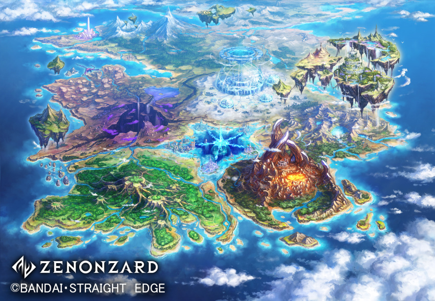 city cliff clouds cloudy_sky commentary_request continents day dragon fantasy floating_island from_above highres island mountain ocean official_art outdoors scenery shiki_makoto sky water watermark world_map zenonzard