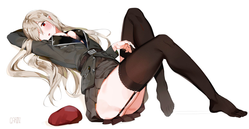 1girl absurdres arm_behind_head artist_name bangs belt beret black_bra blush bra braid breasts brown_legwear cleavage eyebrows_visible_through_hair g36c_(girls_frontline) garin garter_straps girls_frontline grey_jacket grey_skirt hair_over_one_eye hand_up hat headwear_removed highres jacket large_breasts long_hair looking_at_viewer lying no_shoes on_back pleated_skirt red_eyes side_braid sidelocks silver_hair simple_background skirt solo thigh-highs underwear very_long_hair white_background