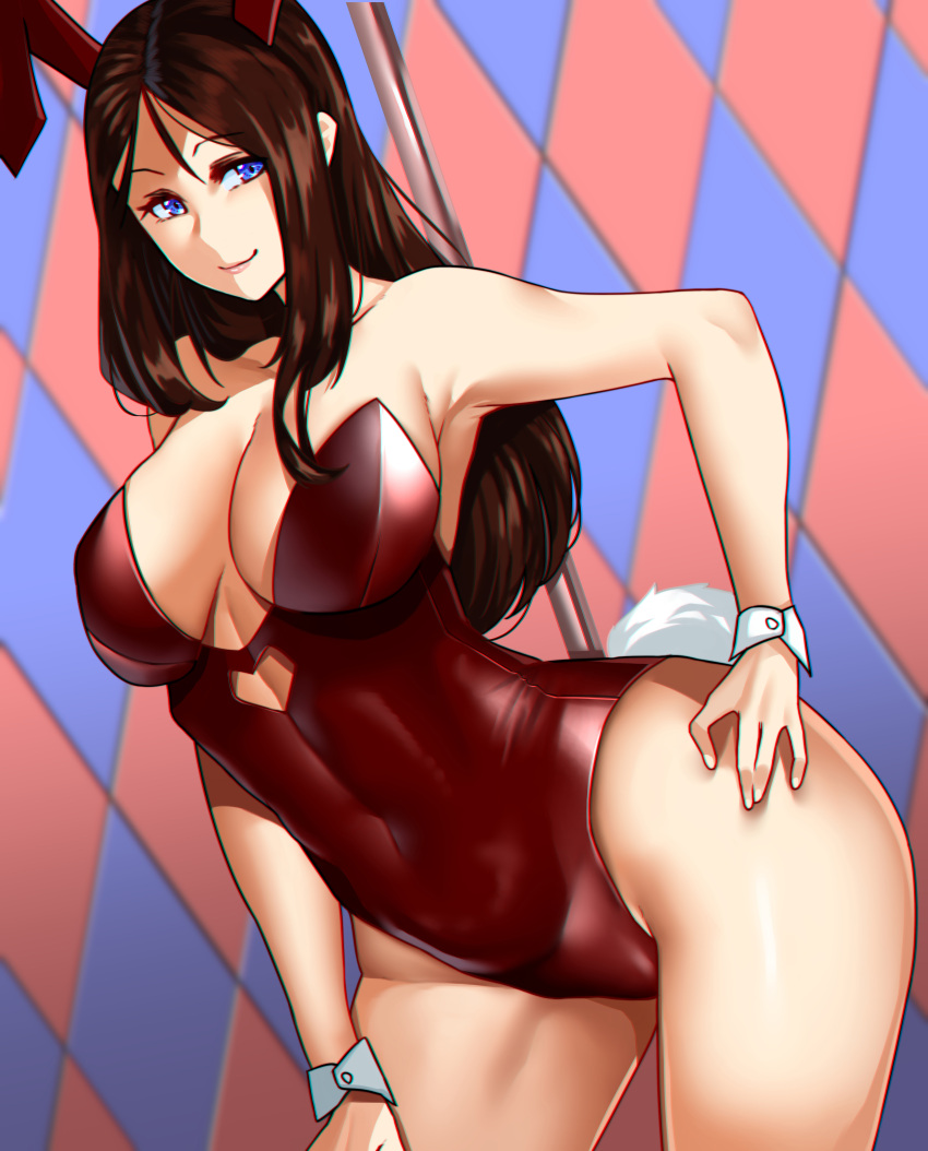 1girl absurdres animal_ears argyle argyle_background bangs bare_shoulders blue_eyes breasts brown_hair bunny_tail cleavage closed_mouth covered_navel fate/grand_order fate_(series) forehead hair_between_eyes hand_on_hip highleg highleg_leotard highres hip_focus kisaragi_(legobionicle23) large_breasts leonardo_da_vinci_(fate/grand_order) leotard long_hair looking_at_viewer parted_bangs rabbit_ears red_leotard smile solo stripper_pole tail thighs wrist_cuffs