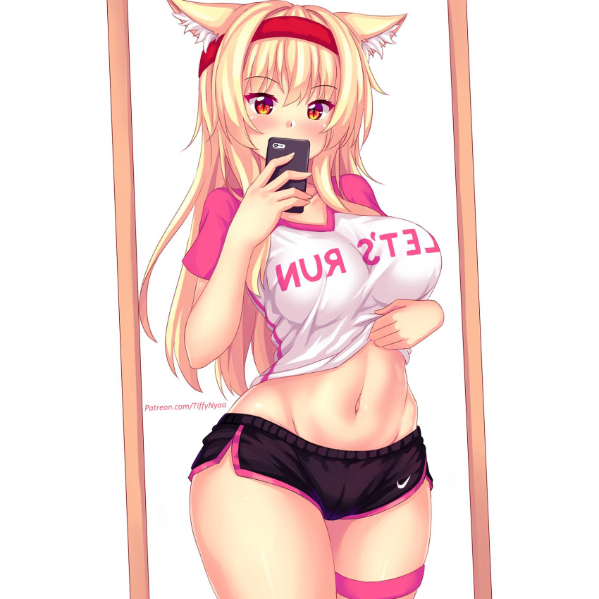 1girl animal_ear_fluff animal_ears bangs blonde_hair blush breasts cat_ears cellphone cellphone_camera commentary cowboy_shot curvy english_commentary eyebrows_visible_through_hair facing_viewer fast-runner-2024 hair_between_eyes headband highres large_breasts long_hair midriff mirror navel original patreon_username phone red_eyes reflection self_shot shiny shiny_skin shirt shirt_lift short_shorts shorts slit_pupils smartphone solo standing striped striped_legwear sweatband t-shirt thick_thighs thigh-highs thighs tiffy watermark web_address white_background wide_hips