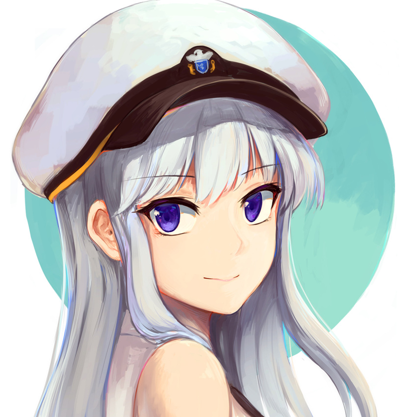 azur_lane black_neckwear blue_background blue_eyes cathamos close-up enterprise_(azur_lane) eyebrows_visible_through_hair face hat highres long_hair looking_at_viewer military_hat necktie silver_hair simple_background sleeveless smile straight_hair two-tone_background white_background white_headwear