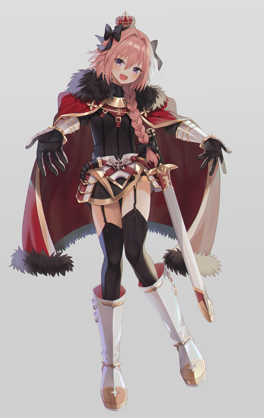 1boy :d abandon_ranka absurdres astolfo_(fate) bangs black_bow black_legwear black_ribbon black_shirt blush boots bow braid buckle cloak crown eyebrows_visible_through_hair fang fate/apocrypha fate_(series) faulds full_body fur-trimmed_cloak fur_collar fur_trim garter_straps gauntlets grey_background hair_between_eyes hair_bow hair_intakes hair_over_shoulder hair_ribbon head_tilt highres horn_(instrument) knee_boots long_hair looking_at_viewer male_focus mini_crown multicolored_hair open_mouth outstretched_arms outstretched_hand pink_hair red_cloak ribbon scabbard sheath sheathed shiny shiny_hair shirt sidelocks simple_background single_braid smile solo standing streaked_hair sword thigh-highs trap violet_eyes weapon white_footwear white_hair