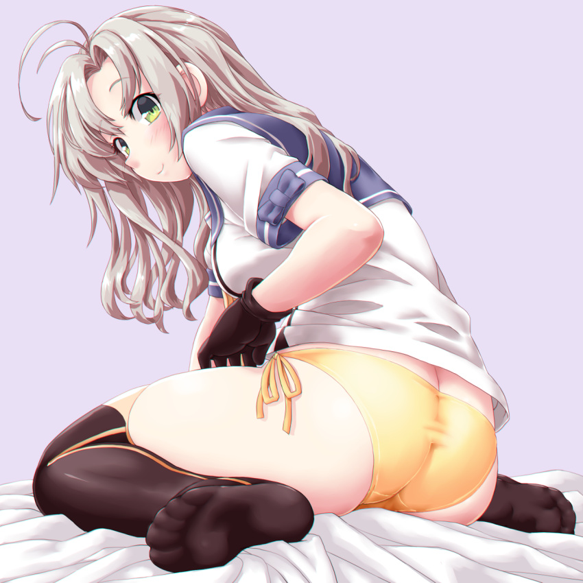 1girl ass belt blanket blue_sailor_collar breasts brown_gloves butt_crack dd_(ijigendd) gloves green_eyes grey_hair hair_tie highres kantai_collection kinugasa_(kantai_collection) looking_at_viewer looking_back looking_to_the_side medium_breasts medium_hair neckerchief necktie no_pants panties purple_background remodel_(kantai_collection) sailor_collar school_uniform serafuku short_sleeves short_twintails side-tie_panties side_ponytail sitting solo thigh-highs twintails underwear wariza yellow_neckwear yellow_panties