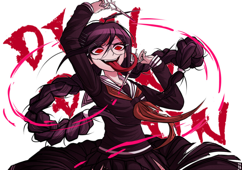 1girl black_hair braid dangan_ronpa dangan_ronpa_1 genocider_shou glasses holding holding_scissors kurokku-tokei long_hair looking_at_viewer mole mole_under_mouth pink_blood red_eyes school_uniform scissors serafuku skirt smile solo spoilers tongue tongue_out twin_braids