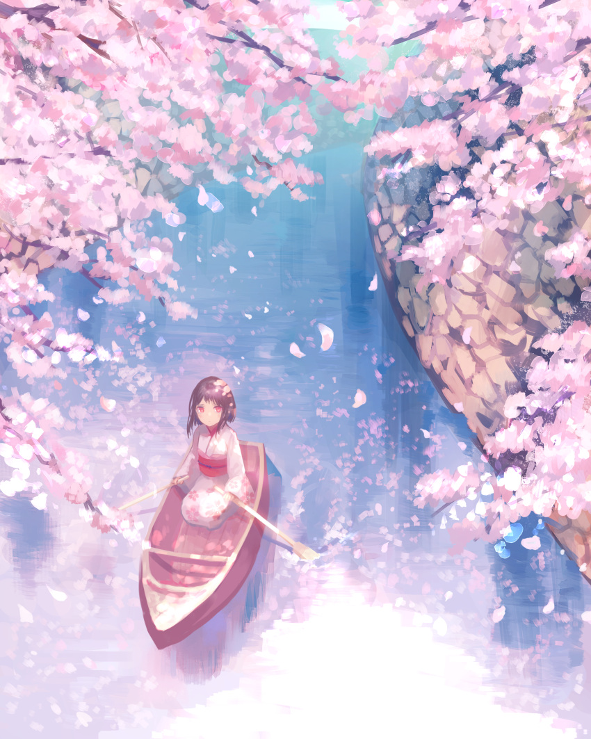 1girl absurdres black_hair cherry_blossoms commentary_request dappled_sunlight day expressionless floral_print from_above highres horizon japanese_clothes kimono looking_at_viewer looking_up nomuraumu oar obi original outdoors petals red_eyes river rowboat rowing sash seiza short_hair sitting solo stone_wall sunlight tree_branch wall