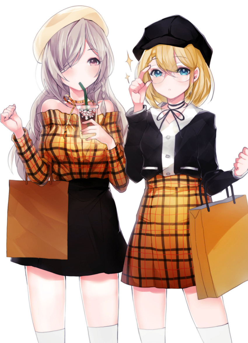 2girls alternate_costume bag beret blonde_hair blouse blue_eyes coffee cup disposable_cup drinking_straw eyebrows_visible_through_hair g36_(girls_frontline) g36c_(girls_frontline) girls_frontline glasses hair_over_one_eye hat highres ice ice_cube iced_coffee multiple_girls peanutc shopping shopping_bag siblings sisters thigh-highs violet_eyes white_hair