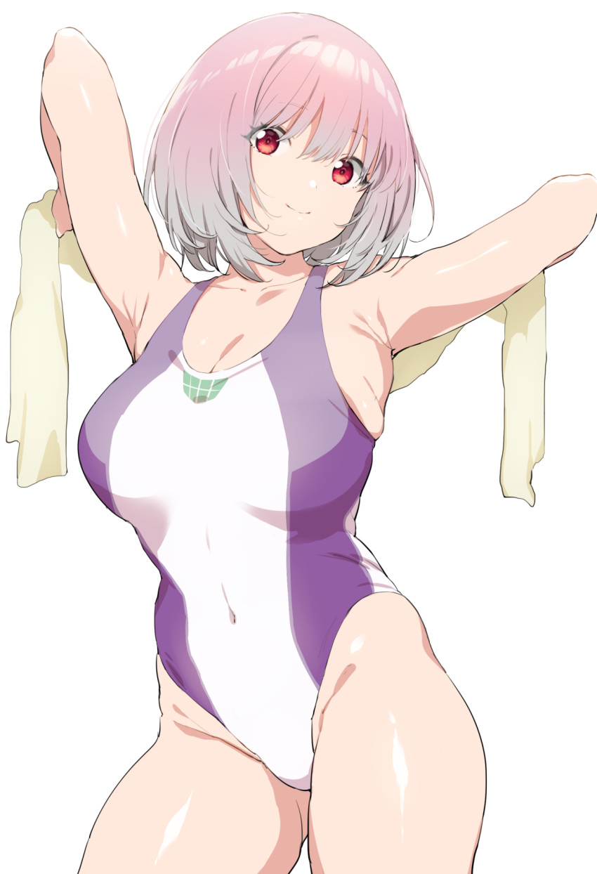 1girl armpits arms_up bangs bare_shoulders breasts cleavage closed_mouth covered_navel highres hip_focus large_breasts lavender_hair looking_at_viewer nekoshoko one-piece_swimsuit purple_swimsuit red_eyes shinjou_akane short_hair simple_background solo ssss.gridman swimsuit thighs towel two-tone_swimsuit white_background white_swimsuit