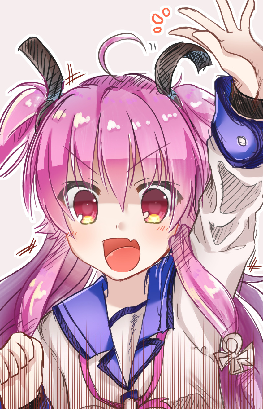 1girl absurdres angel_beats! bangs clenched_hand eyebrows_visible_through_hair fang girls_dead_monster grey_background hair_between_eyes hair_ornament hair_ribbon hand_up highres key_(company) long_hair long_sleeves looking_at_viewer open_eyes open_mouth pink_eyes pink_hair ribbon school_uniform serafuku shinda_sekai_sensen_uniform shirt simple_background skirt solo twintails two_side_up upper_body white_shirt yui_(angel_beats!) zuzuhashi