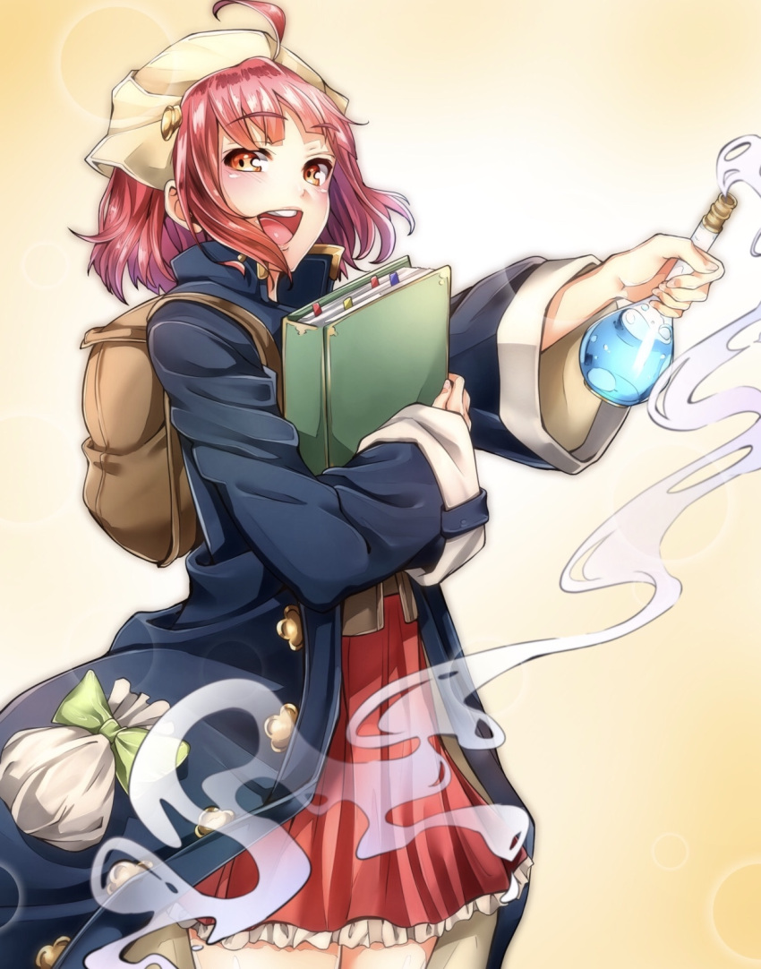 1girl :d ahoge atelier_(series) atelier_sophie backpack bag blue_coat bow cowboy_shot eyebrows_visible_through_hair frilled_skirt frills green_bow hair_ornament highres holding holding_flask imo_(evekelu-111) lens_flare long_sleeves looking_at_viewer miniskirt open_mouth orange_eyes pink_hair pleated_skirt red_skirt short_hair skirt smile solo sophie_neuenmuller standing wide_sleeves