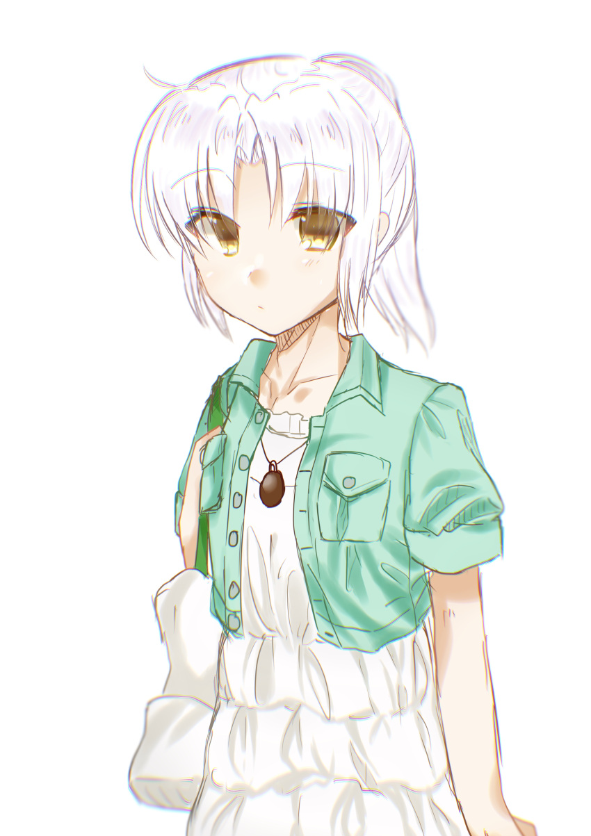 1girl absurdres alternate_costume alternate_hair_length alternate_hairstyle angel_beats! bag bangs bare_arms carrying carrying_over_shoulder closed_mouth collarbone commentary_request dress eyebrows_visible_through_hair eyes_visible_through_hair frills from_side green_jacket highres holding holding_bag jacket jewelry key_(company) long_hair looking_at_viewer looking_to_the_side necklace open_eyes ponytail ruffled_skirt short_sleeves silver_hair simple_background solo standing tachibana_kanade upper_body white_background white_bag white_dress yellow_eyes zuzuhashi