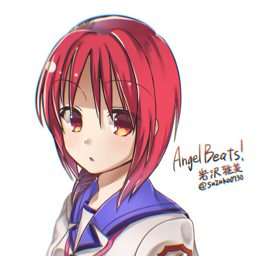 1girl angel_beats! bangs eyebrows_visible_through_hair from_side girls_dead_monster hair_between_eyes highres iwasawa key_(company) looking_at_viewer looking_to_the_side open_eyes open_mouth red_eyes redhead ribbon school_uniform serafuku shinda_sekai_sensen_uniform shirt short_hair simple_background solo translation_request upper_body white_background white_shirt zuzuhashi