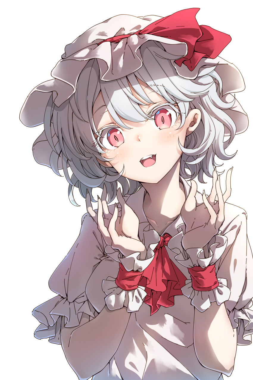 1girl :d absurdres ascot bangs blush breasts collarbone colored_eyelashes commentary darjeeling_(reley) dress eyebrows_visible_through_hair fang hair_between_eyes hands_up hat hat_ribbon head_tilt highres looking_at_viewer medium_breasts mob_cap open_mouth puffy_short_sleeves puffy_sleeves red_eyes red_neckwear red_ribbon remilia_scarlet ribbon short_hair short_sleeves sidelighting silver_hair simple_background smile solo touhou upper_body white_background white_dress white_headwear wrist_cuffs