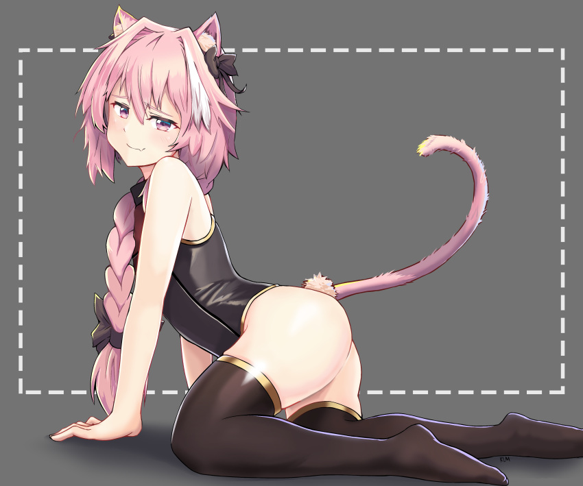 1boy absurdres all_fours animal_ears ass astolfo_(fate) bangs bare_arms bare_shoulders black_bow black_ribbon black_shirt bow braid brown_legwear cat_ears cat_tail closed_mouth eyebrows_visible_through_hair fang fate/apocrypha fate_(series) from_side full_body grey_background hair_between_eyes hair_bow hair_intakes hair_over_shoulder hair_ribbon half-closed_eyes head_tilt highres jtleeklm long_hair looking_at_viewer looking_to_the_side male_focus multicolored_hair pink_eyes pink_hair ribbon shirt signature simple_background single_braid sleeveless sleeveless_shirt smile smug solo streaked_hair tail thigh-highs trap white_hair