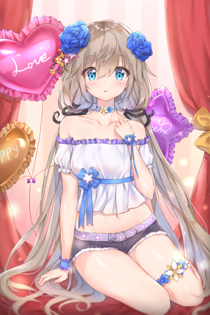 1girl arm_support balloon bare_shoulders belt black_shorts blue_eyes blue_flower blue_ribbon blurry breasts choker collarbone commentary_request crop_top cuna_(qunya) curtains cutoffs depth_of_field flower frilled_shirt frills hair_between_eyes hair_flower hair_ornament hand_on_own_chest hand_up heart_balloon highres houchi_shoujo light_particles long_hair looking_at_viewer low_twintails micro_shorts midriff navel off-shoulder_shirt off_shoulder parted_lips ribbon rose shirt short_sleeves shorts silver_hair sitting small_breasts solo star star_balloon star_hair_ornament star_print thighs twintails very_long_hair white_shirt wrist_cuffs yellow_flower