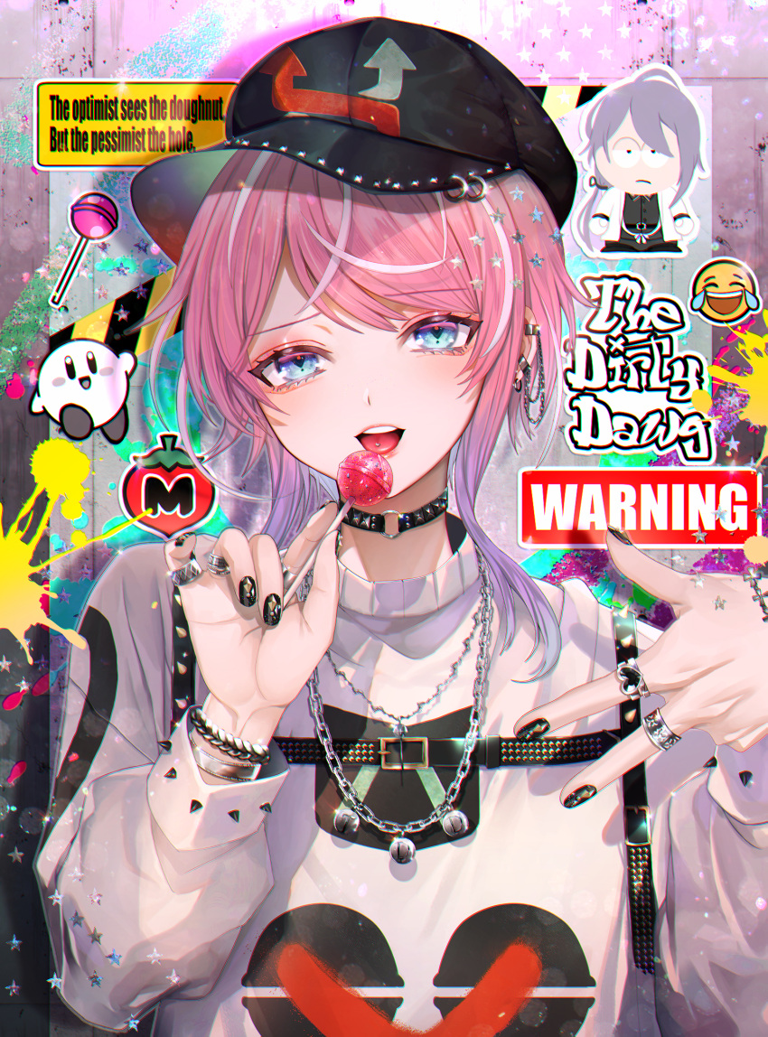 1boy abandon_ranka aesthetic amemura_ramuda arisugawa_dice bangs baseball_cap black_choker black_headwear black_nails blue_eyes bracelet buckle candy chains character_print character_request choker comedy_central ear_piercing earrings emoji english_text eyebrows_visible_through_hair eyeshadow food gradient_hair graffiti hal_laboratory_inc. half-closed_eyes hand_up hat head_tilt heart highres holding holding_food holding_lollipop hoop_earrings hoshi_no_kirby hypnosis_mic jewelry kirby kirby_(series) lipstick lollipop long_sleeves looking_at_viewer makeup male_focus multicolored_hair nail_art nail_polish necklace nintendo o-ring o-ring_choker open_mouth piercing pink_hair pink_lipstick purple_hair ring shirt short_hair_with_long_locks sidelocks sign solo south_park sparkle spikes splatter star sticker streaked_hair swept_bangs tongue tongue_out trap upper_body upper_teeth vaporwave viacom w warning_sign white_hair white_shirt