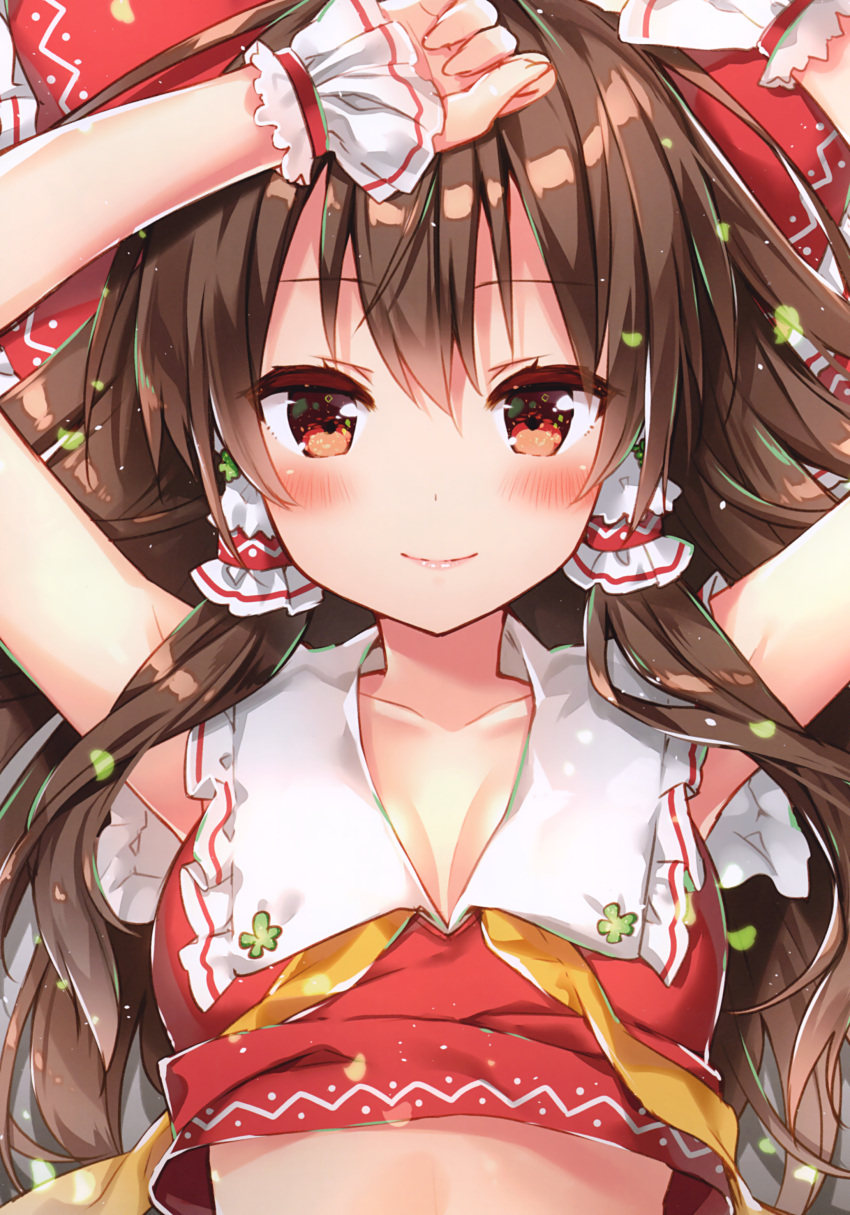 1girl absurdres arms_up bangs breasts brown_eyes brown_hair closed_mouth collarbone eyebrows_visible_through_hair hair_tubes hakurei_reimu highres lips long_hair looking_at_viewer lying medium_breasts on_back riichu scan shiny shiny_hair shiny_skin simple_background sleeveless smile solo touhou upper_body wrist_cuffs