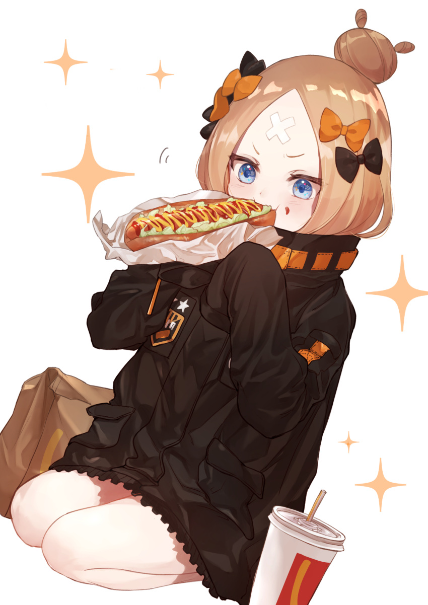 1girl :i abigail_williams_(fate/grand_order) absurdres bag bangs black_bow black_jacket blonde_hair blue_eyes blush bow brand_name_imitation crossed_bandaids cup disposable_cup drinking_straw dutch_angle eating fast_food fate/grand_order fate_(series) food food_on_face hair_bow hair_bun hands_up heroic_spirit_traveling_outfit highres holding holding_food jacket long_hair long_sleeves mcdonald's orange_bow otoufu_(gotouhu) paper_bag parted_bangs seiza simple_background sitting sleeves_past_fingers sleeves_past_wrists solo star v-shaped_eyebrows white_background