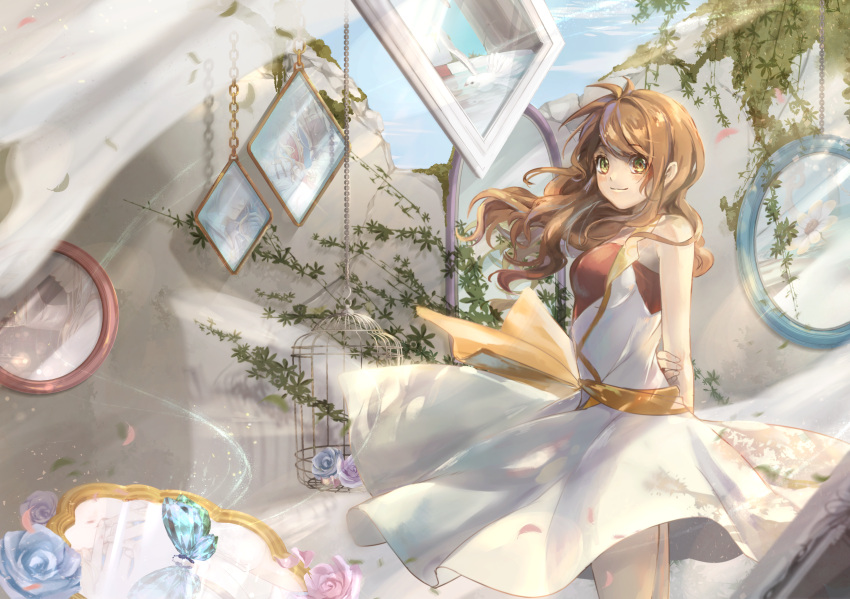 1girl absurdres arm_behind_back bird birdcage blue_sky brown_hair bug butterfly cage chains day dress flower green_eyes highres huge_filesize insect long_hair looking_at_viewer overgrown painting plant shadow sky smile solo standing sunlight vines