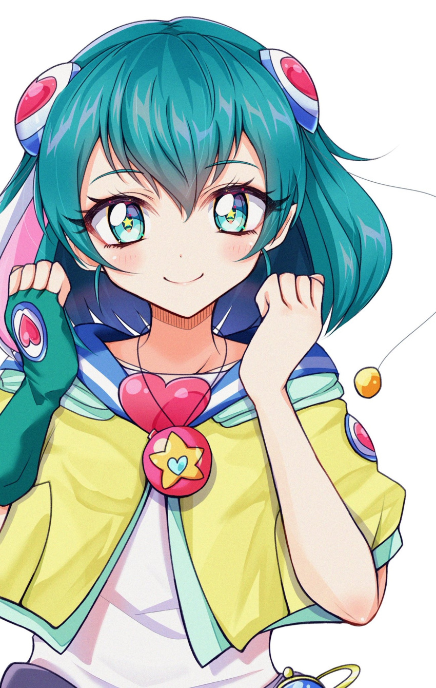 1girl aqua_hair bangs blush closed_mouth commentary_request eyebrows_visible_through_hair fingerless_gloves gloves green_eyes green_gloves hagoromo_lala hair_between_eyes hair_ornament hands_up head_tilt heart highres jacket jewelry looking_at_viewer medium_hair multicolored multicolored_clothes multicolored_hair multicolored_jacket pendant precure rudo_(rudorudo0917) shiny shiny_hair shirt short_sleeves sidelocks simple_background single_glove smile solo star star-shaped_pupils star_twinkle_precure streaked_hair symbol-shaped_pupils upper_body white_background white_shirt yellow_jacket