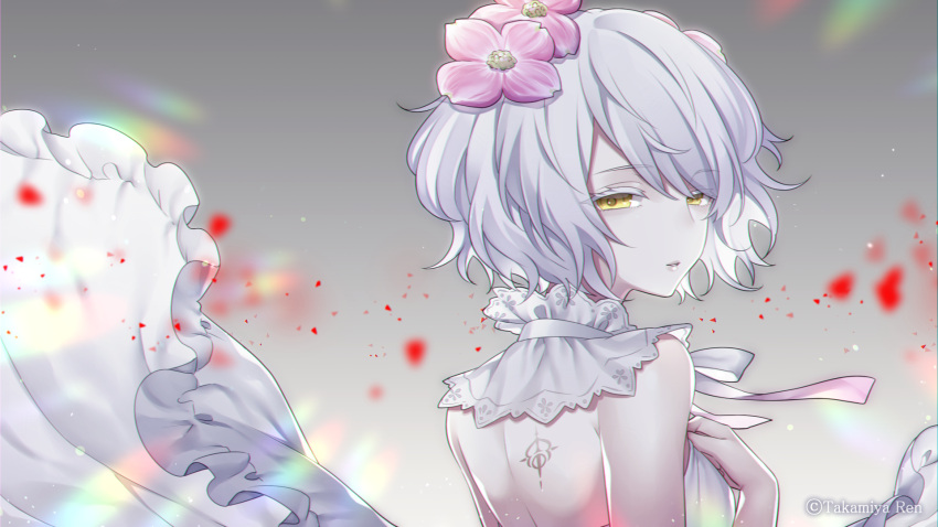 1girl artist_name bangs bare_shoulders commentary eyebrows_visible_through_hair flower gradient gradient_background grey_background hair_between_eyes hair_flower hair_ornament highres kudou_chitose looking_at_viewer looking_back nijisanji parted_lips pink_flower ribbon short_hair sleeveless solo takamiya_ren tattoo upper_body virtual_youtuber watermark wavy_hair white_hair yellow_eyes