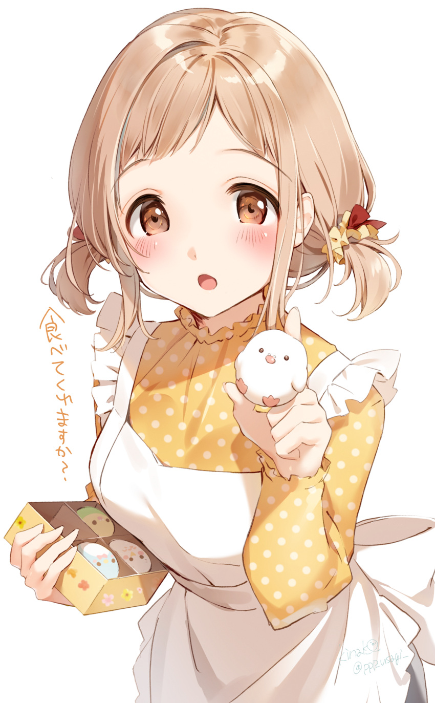 1girl :o apron blush bow box breasts brown_eyes brown_scrunchie fingernails hair_ornament hair_scrunchie hand_up highres holding holding_box idolmaster idolmaster_shiny_colors light_brown_hair long_sleeves looking_at_viewer medium_breasts open_mouth polka_dot polka_dot_shirt red_bow sakuragi_mano scrunchie shiratama_akane shirt short_twintails signature simple_background solo translation_request twintails twitter_username white_apron white_background yellow_shirt