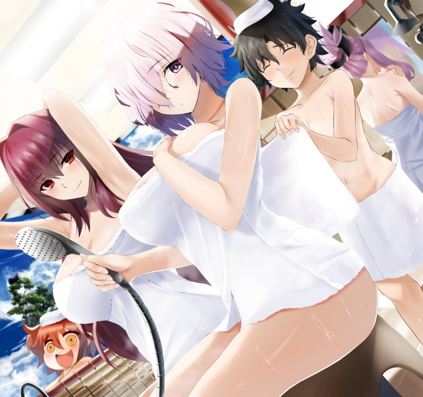 1boy 4girls back bangs bare_shoulders bathing black_hair blush breasts closed_mouth fate/grand_order fate_(series) fujimaru_ritsuka_(female) fujimaru_ritsuka_(male) hair_ornament hair_over_one_eye large_breasts lavender_hair long_hair looking_at_viewer mash_kyrielight miyamoto_musashi_(fate/grand_order) multiple_girls nikek96 one_side_up orange_eyes orange_hair pink_hair ponytail purple_hair red_eyes riyo_(lyomsnpmp)_(style) scathach_(fate)_(all) scathach_(fate/grand_order) short_hair shower_head side_ponytail sitting smile spiky_hair thighs towel violet_eyes younger