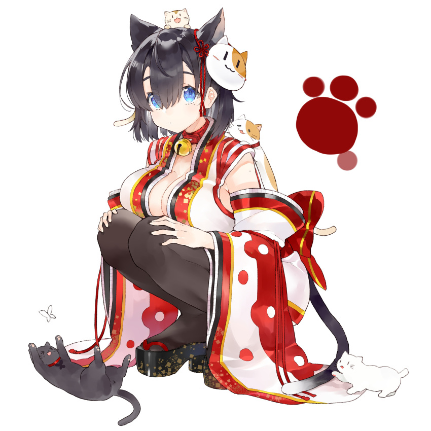 1girl absurdres animal animal_ears bangs bell black_hair black_legwear blue_eyes breasts cat cat_ears cat_paw cat_tail cleavage collar commentary_request full_body hair_ornament highres japanese_clothes jingle_bell kimono kou_mashiro large_breasts looking_at_viewer original pantyhose platform_footwear sandals short_hair simple_background sleeveless solo squatting tail white_background wide_sleeves