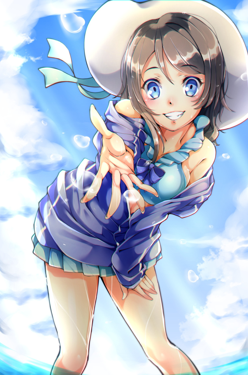 1girl blue_bikini_top blue_eyes blue_jacket blue_ribbon blue_skirt blue_sky breasts clouds eyebrows_visible_through_hair grey_hair grin hair_between_eyes hand_on_lap hat hat_ribbon highres imo_(evekelu-111) jacket leaning_forward long_hair looking_at_viewer love_live! love_live!_sunshine!! medium_breasts miniskirt off_shoulder open_clothes open_jacket pleated_skirt ribbon sideboob skirt sky smile soaking_feet solo standing sun_hat sunlight watanabe_you white_headwear