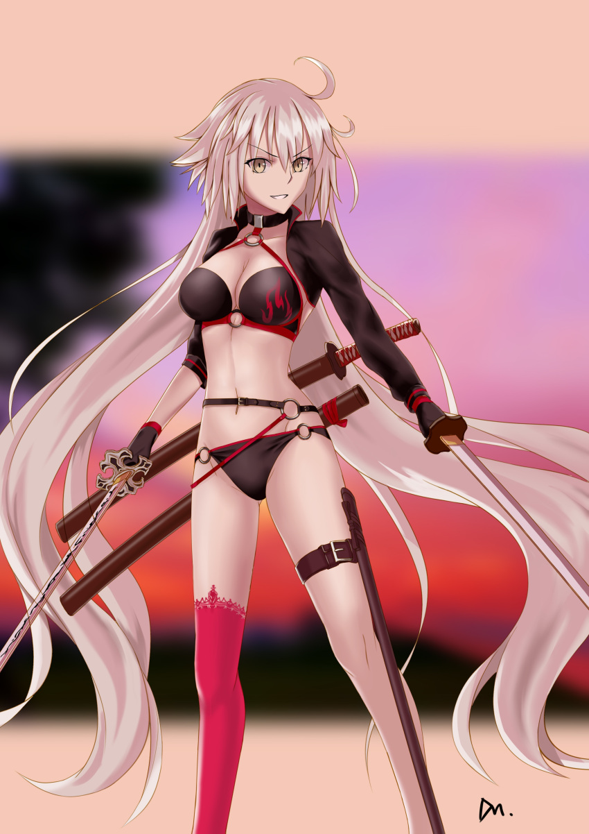 &gt;:) absurdres ahoge ass_visible_through_thighs breasts cleavage dmwz dual_wielding fate/grand_order fate_(series) grey_hair groin hair_between_eyes highres holding jeanne_d'arc_(alter_swimsuit_berserker) jeanne_d'arc_(fate)_(all) katana long_hair medium_breasts navel shrug_(clothing) single_thighhigh swimsuit sword thigh-highs thigh_strap unsheathed very_long_hair weapon yellow_eyes