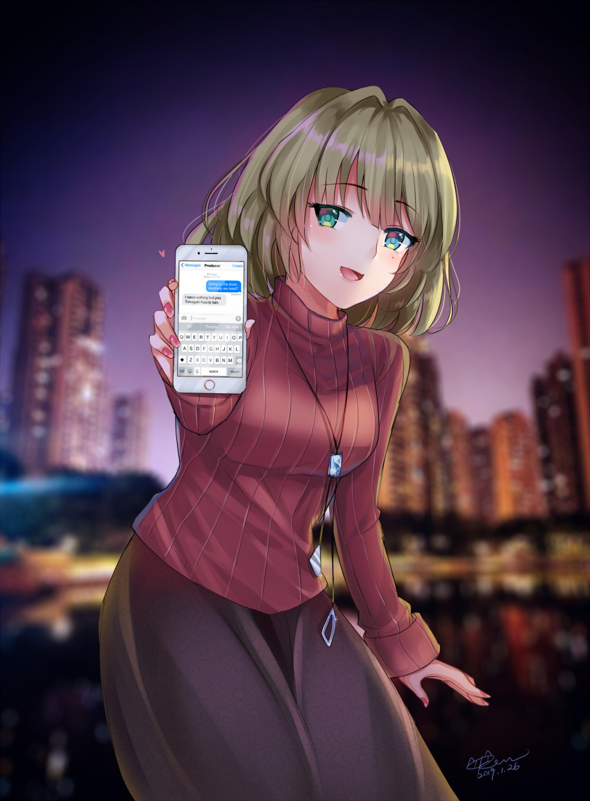 1girl :d bangs blue_eyes blurry blurry_background blush breasts building cellphone english_text evening eyebrows_visible_through_hair green_eyes heart heterochromia highres holding holding_phone idolmaster idolmaster_cinderella_girls idolmaster_cinderella_girls_starlight_stage iphone kevn light_brown_hair lights long_skirt long_sleeves looking_at_viewer medium_breasts mole mole_under_eye nail_polish open_mouth outdoors phone phone_screen ribbed_sweater short_hair sidelocks signature skirt smartphone smile sweater sweatshirt takagaki_kaede text_messaging