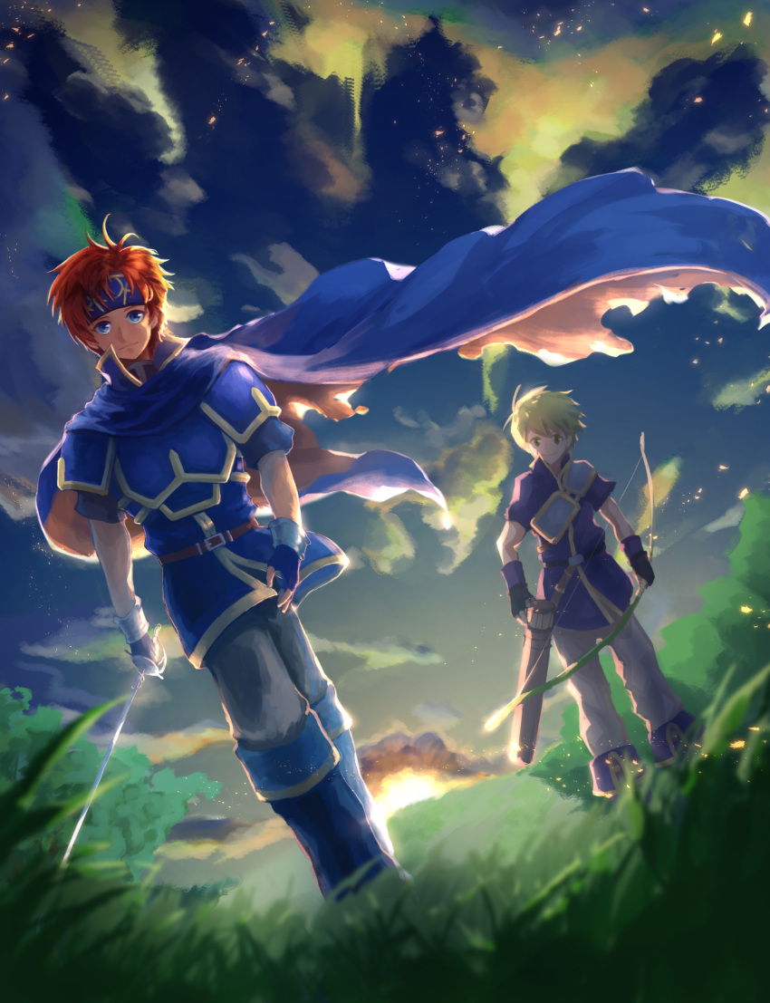 2boys blue_eyes bow_(weapon) cape fingerless_gloves fire_emblem fire_emblem:_fuuin_no_tsurugi gloves grass grasslands green_hair haraitai headband highres holding holding_bow_(weapon) holding_sword holding_weapon looking_at_viewer multiple_boys nintendo outdoors quiver rapier redhead roy_(fire_emblem) sunset sword walking weapon wolt