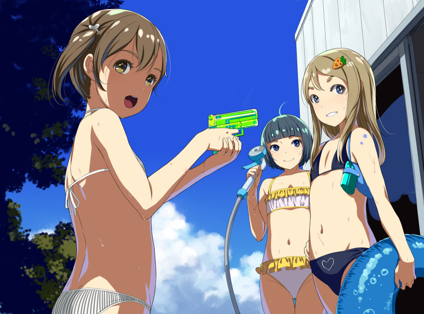 3girls ahoge back bangs bare_shoulders bikini black_bikini blue_eyes blue_hair blue_sky bob_cut brown_eyes brown_hair carrot_hair_ornament child closed_mouth clouds cloudy_sky collarbone commentary_request day food_themed_hair_ornament frilled_bikini frills hair_ornament hair_ribbon highres holding hose innertube long_hair looking_at_viewer multiple_girls navel open_mouth original outdoors ribbon short_twintails sky smile sody standing striped striped_bikini striped_swimsuit swimsuit twintails vertical-striped_bikini vertical_stripes water_gun wet