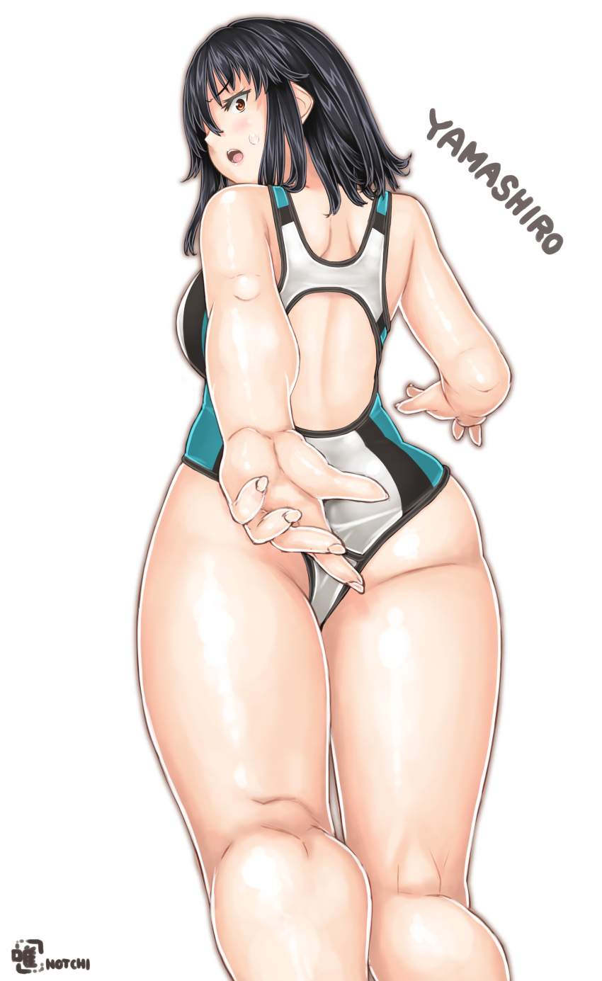 1girl absurdres alternate_costume artist_logo artist_name ass back black_hair blush breasts character_name competition_swimsuit embarrassed eyebrows_visible_through_hair from_below hair_between_eyes highres kantai_collection large_breasts long_hair looking_at_viewer looking_back looking_to_the_side medium_hair notchi one-piece_swimsuit open_mouth red_eyes simple_background solo surprised swimsuit thighs white_background yamashiro_(kantai_collection)