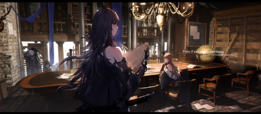 1boy 1other 2girls artist_name bare_shoulders black_cape black_hair board bookshelf brown_hair cape chair chandelier commentary_request copyright_name fantasy gauntlets globe highres holding holding_paper indoors letterboxed long_hair looking_at_viewer looking_back multiple_girls off_shoulder paper pink_eyes pixiv_fantasia pixiv_fantasia_last_saga profile sheath sitting standing swd3e2 table