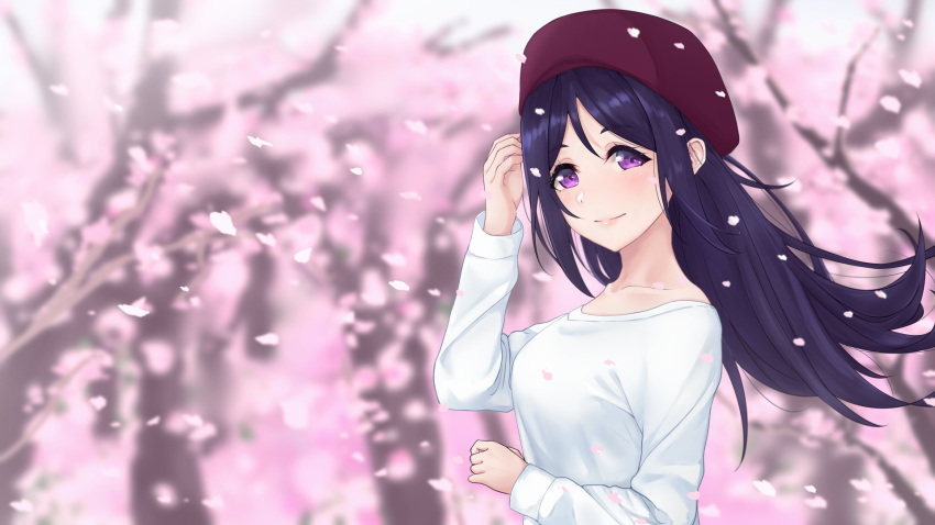 1girl arhah bangs beret blush breasts cherry_blossoms collarbone dark_blue_hair eyebrows_visible_through_hair hair_blowing hand_on_own_head hat highres long_hair looking_at_viewer love_live! love_live!_sunshine!! matsuura_kanan medium_breasts outdoors petals red_headwear shirt sidelocks sky sleeves smile tree tree_branch upper_body violet_eyes white_shirt wind