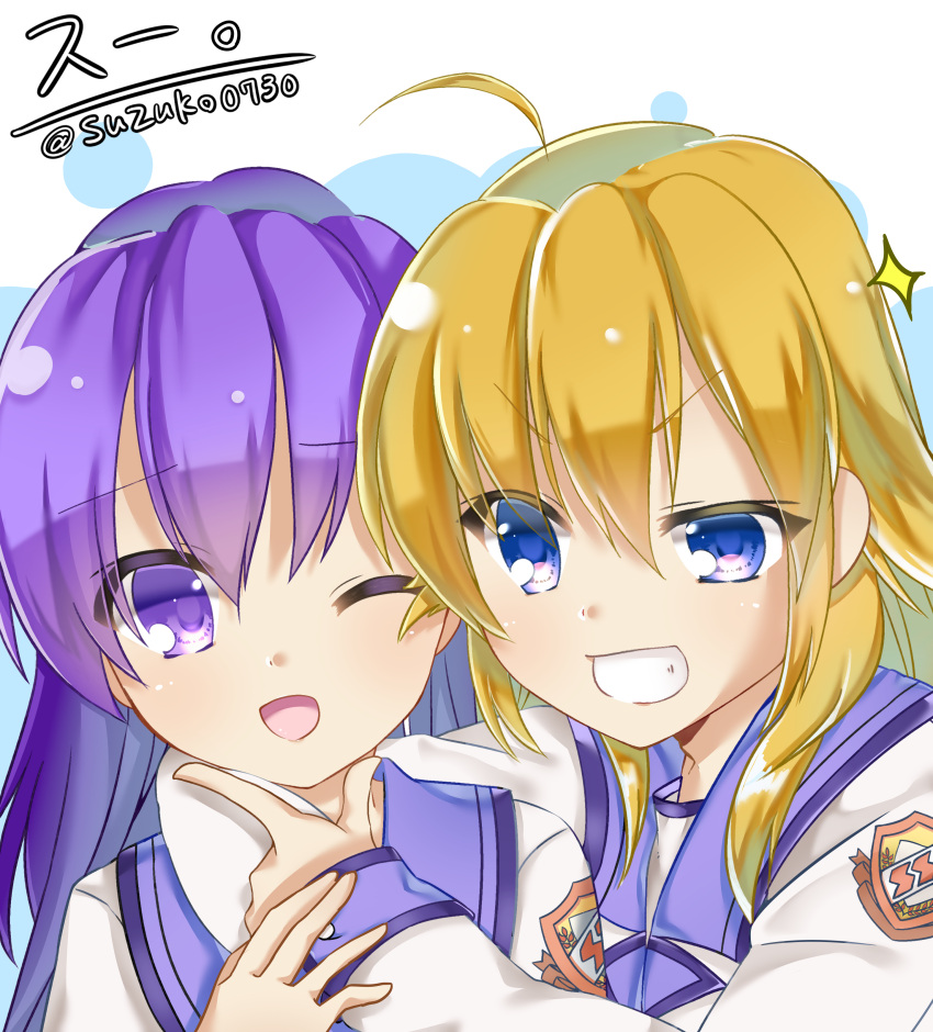 2girls absurdres angel_beats! bangs blonde_hair blue_eyes commentary_request eyebrows_visible_through_hair eyes_visible_through_hair grin hair_between_eyes hair_down highres irie_(angel_beats!) key_(company) long_hair long_sleeves looking_at_viewer multiple_girls one_eye_closed open_eyes open_mouth purple_hair sekine shinda_sekai_sensen_uniform shirt simple_background smile touching_another's_chin upper_body violet_eyes white_shirt zuzuhashi