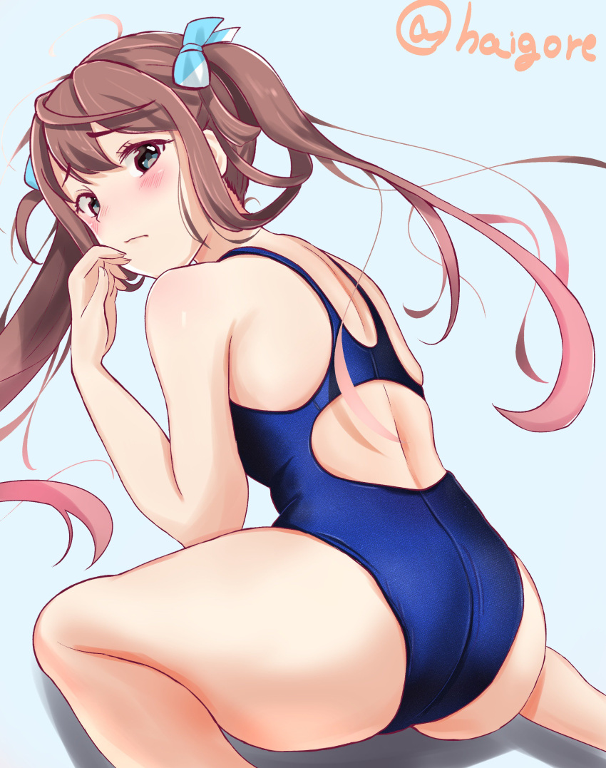 1girl absurdres aqua_background asagumo_(kantai_collection) ass blue_swimsuit brown_hair chiaki_(haigore) commentary_request competition_swimsuit embarrassed from_behind grey_eyes hair_ribbon highres kantai_collection long_hair looking_at_viewer looking_back one-piece_swimsuit ribbon simple_background sitting solo swimsuit twintails twitter_username wariza