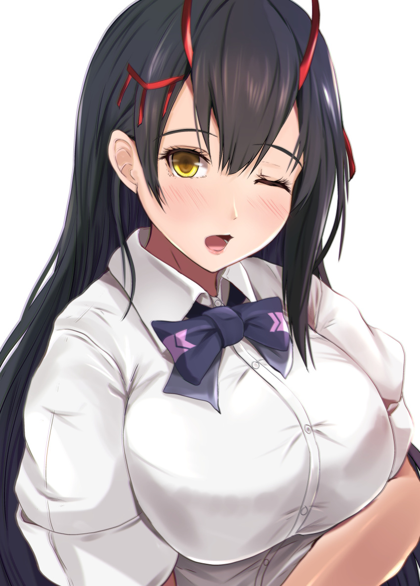1girl absurdres azur_lane black_hair blush bow bowtie breasts buttons commentary_request highres horns kanzaki_kureha large_breasts lips long_hair one_eye_closed open_mouth parted_lips red_ribbon ribbon shirt sleeves_rolled_up solo suzuya_(azur_lane) upper_body very_long_hair white_background yellow_eyes