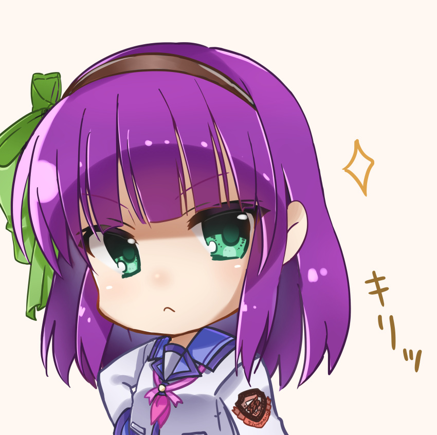 1girl :&lt; absurdres angel_beats! bangs bow closed_eyes closed_mouth commentary_request ears eyebrows_visible_through_hair from_side green_eyes hair_bow hair_ornament hair_ribbon hairband hand_on_hip highres key_(company) long_hair long_sleeves looking_at_viewer looking_to_the_side open_eyes purple_hair ribbon school_uniform serafuku shinda_sekai_sensen_uniform shirt simple_background solo translation_request upper_body white_shirt yuri_(angel_beats!) zuzuhashi