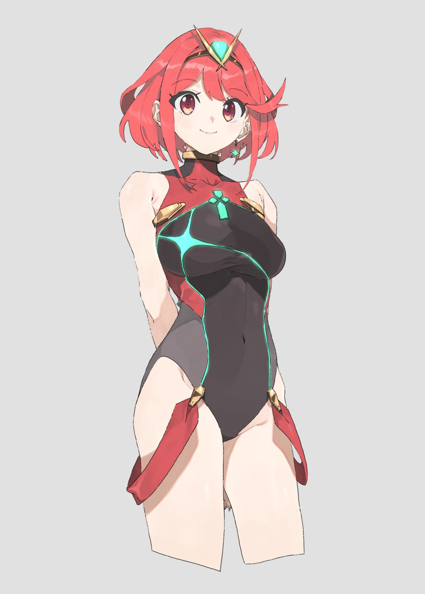 1girl bangs bare_arms black_swimsuit breasts competition_swimsuit covered_navel earrings gem highres pyra_(xenoblade) jewelry large_breasts looking_at_viewer machi_(wm) nintendo one-piece_swimsuit red_eyes redhead short_hair solo standing swimsuit tiara xenoblade_(series) xenoblade_2