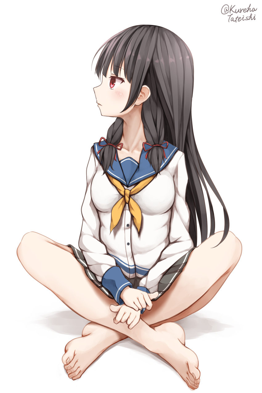 1girl absurdres bangs barefoot black_hair blue_sailor_collar blush breasts commentary_request crossed_ankles dress_shirt eyebrows_visible_through_hair feet full_body grey_skirt hair_between_eyes hair_ribbon hamayuu_(litore) highres isokaze_(kantai_collection) kantai_collection long_hair long_sleeves looking_away looking_to_the_side medium_breasts neckerchief parted_lips pleated_skirt profile red_eyes red_ribbon ribbon sailor_collar school_uniform serafuku shadow shirt sidelocks skirt solo toenails toes twitter_username very_long_hair white_background white_shirt yellow_neckwear