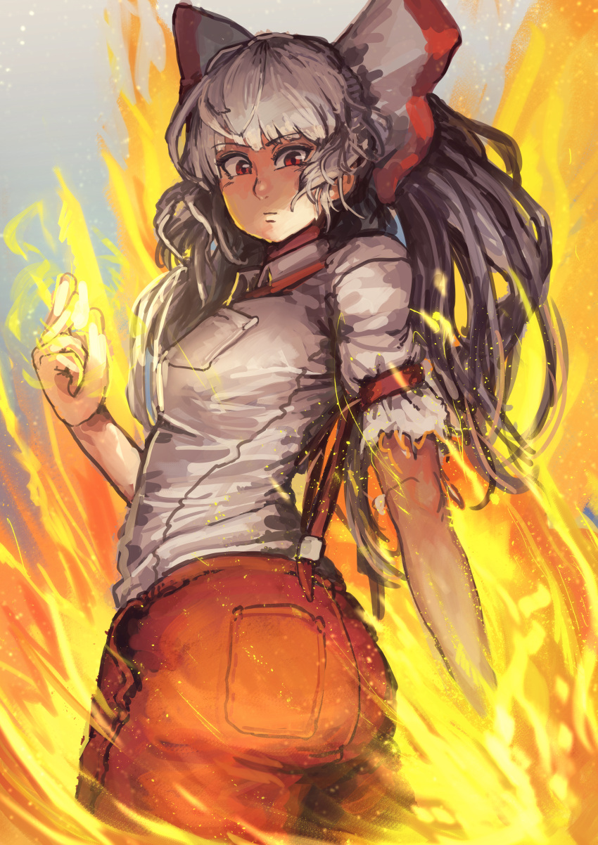 1girl absurdres arm_strap ass bangs blunt_bangs bow breast_pocket breasts chanta_(ayatakaoisii) collared_shirt expressionless eyebrows_visible_through_hair fire flame floating_hair fujiwara_no_mokou grey_background grey_hair hair_bow hand_up highres huge_filesize light_particles long_ponytail looking_at_viewer looking_back medium_breasts nose pants pocket red_eyes red_pants reflective_eyes shirt sidelocks simple_background solo suspenders thick_thighs thighs torn_clothes torn_sleeves touhou white_shirt