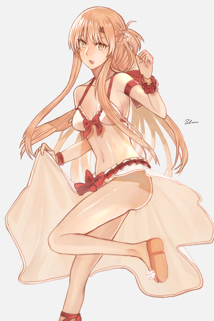 1girl absurdres asuna_(sao) bikini bow braid breasts brown_eyes brown_hair cleavage collarbone crown_braid floating_hair frilled_bikini frills grey_background highres leg_up long_hair looking_at_viewer medium_breasts open_mouth red_bow riko201008 shiny shiny_skin sideboob signature simple_background skirt_hold slit_pupils solo standing standing_on_one_leg swimsuit sword_art_online very_long_hair waist_cape white_bikini wrist_cuffs