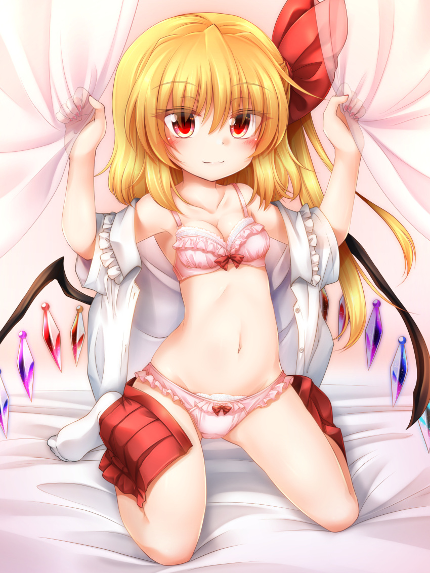 1girl bangs bare_shoulders bed_sheet blonde_hair blush bow bow_panties bra breasts cleavage collarbone commentary_request crystal curtain_grab curtains eyebrows_visible_through_hair flandre_scarlet frilled_bra frilled_panties frilled_shirt_collar frills groin hair_between_eyes hair_ribbon hands_up highres long_hair looking_at_viewer m9kndi miniskirt nail_polish navel no_hat no_headwear no_shoes off_shoulder one_side_up open_clothes open_shirt open_skirt panties pink_background pink_bra pink_panties pleated_skirt red_bow red_eyes red_nails red_ribbon red_skirt ribbon shadow shirt short_sleeves sitting skirt small_breasts smile socks solo stomach thighs touhou underwear wariza white_legwear white_shirt wings