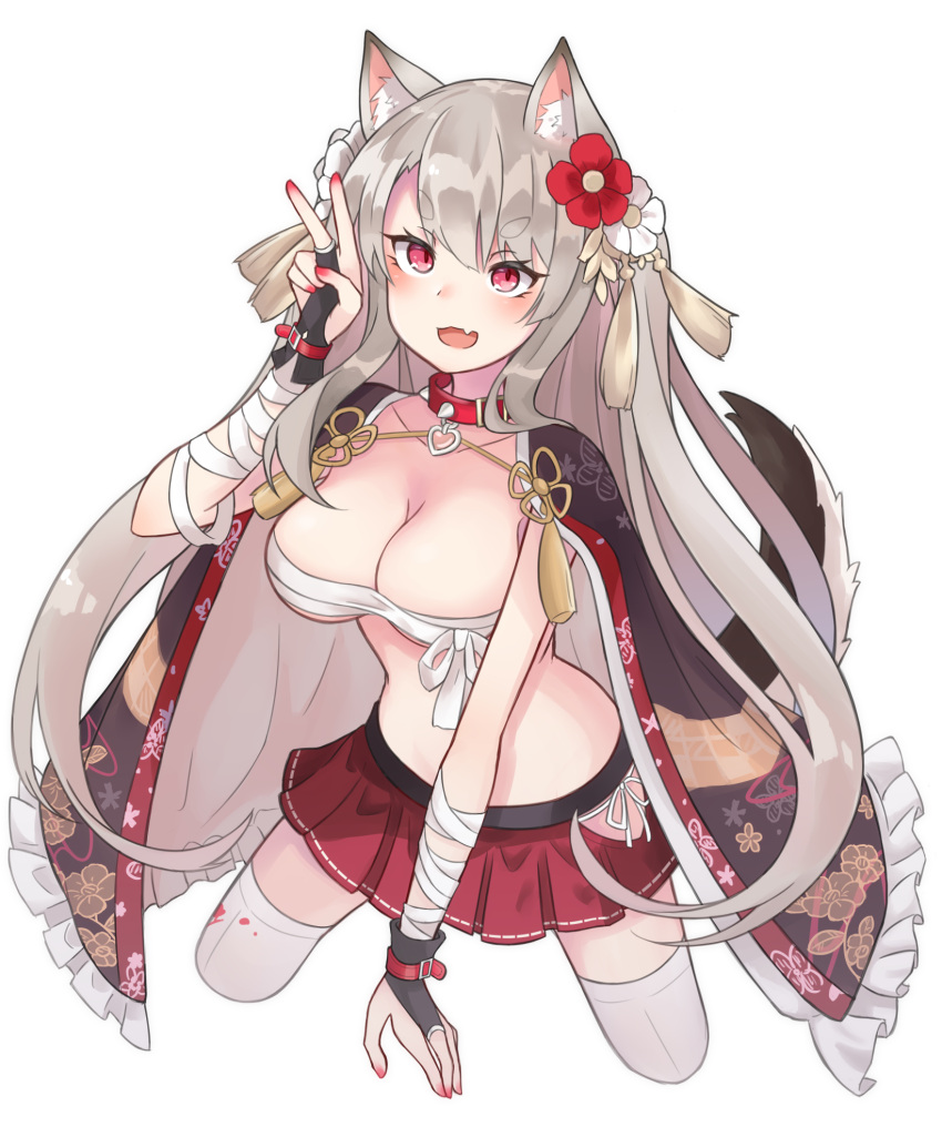 1girl animal_ears asymmetrical_bangs azur_lane bandage bandaged_arm bandages bangs black_gloves breasts cleavage cloak collar collarbone cowboy_shot dog_ears dog_tail eyebrows_visible_through_hair fang fingerless_gloves floral_print flower gloves hair_flower hair_ornament higashigure highres long_hair medium_breasts midriff miniskirt nail_polish open_clothes open_mouth panties panty_peek pleated_skirt red_eyes red_nails sarashi shirtless side-tie_panties silver_hair simple_background skirt solo spiked_collar spikes straight_hair tail tassel thick_eyebrows thigh-highs thighs underwear v white_background white_legwear yuudachi_(azur_lane) zettai_ryouiki