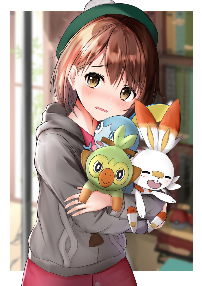 1girl blurry blurry_background blush brown_eyes brown_hair commentary_request creatures_(company) day depth_of_field female_protagonist_(pokemon_swsh) game_freak green_headwear grey_cardigan grookey head_tilt highres hood hood_down indoors karu_(qqqtyann) long_sleeves looking_at_viewer nintendo open_mouth poke_ball poke_ball_(generic) pokemon pokemon_(creature) pokemon_(game) pokemon_swsh red_shirt red_skirt scorbunny shelf shirt short_hair skirt sobble standing tam_o'_shanter tearing_up tears undershirt upper_body wavy_mouth