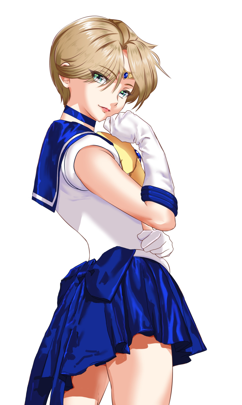 1girl absurdres arion_canvas back_bow bishoujo_senshi_sailor_moon blue_bow blue_neckwear blue_sailor_collar blue_skirt bow choker circlet closed_mouth cowboy_shot elbow_gloves gloves green_eyes highres light_brown_hair looking_at_viewer magical_girl sailor_collar sailor_senshi_uniform sailor_uranus short_hair simple_background skirt smile solo standing ten'ou_haruka tomboy very_short_hair white_background white_gloves yellow_bow